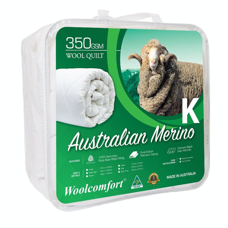 Woolcomfort Aus Made Merino Wool Quilt 350GSM 240x210cm King Size - Bedzy Australia (ABN 18 642 972 209) - Home & Garden > Bedding
