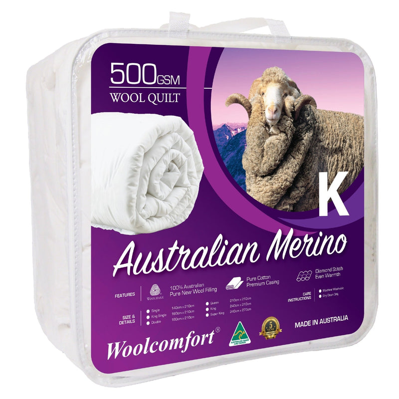 Woolcomfort Aus Made Merino Wool Quilt 500GSM 240x210cm King Size - Bedzy Australia (ABN 18 642 972 209) - Home & Garden > Bedding