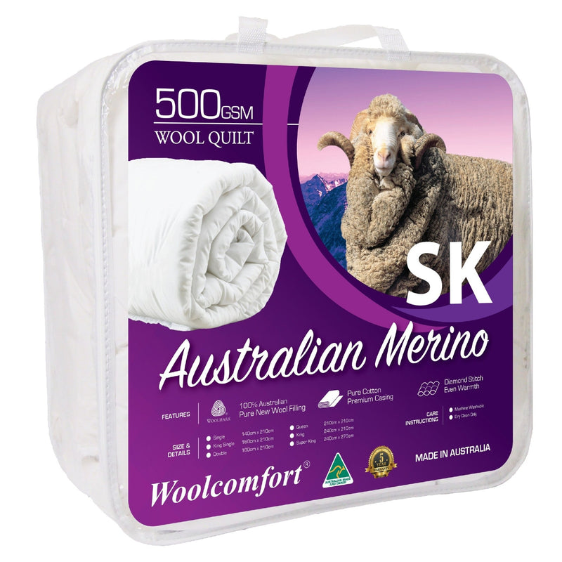 Woolcomfort Aus Made Merino Wool Quilt 500GSM 270x240cm Super King Size - Bedzy Australia (ABN 18 642 972 209) - Home & Garden > Bedding