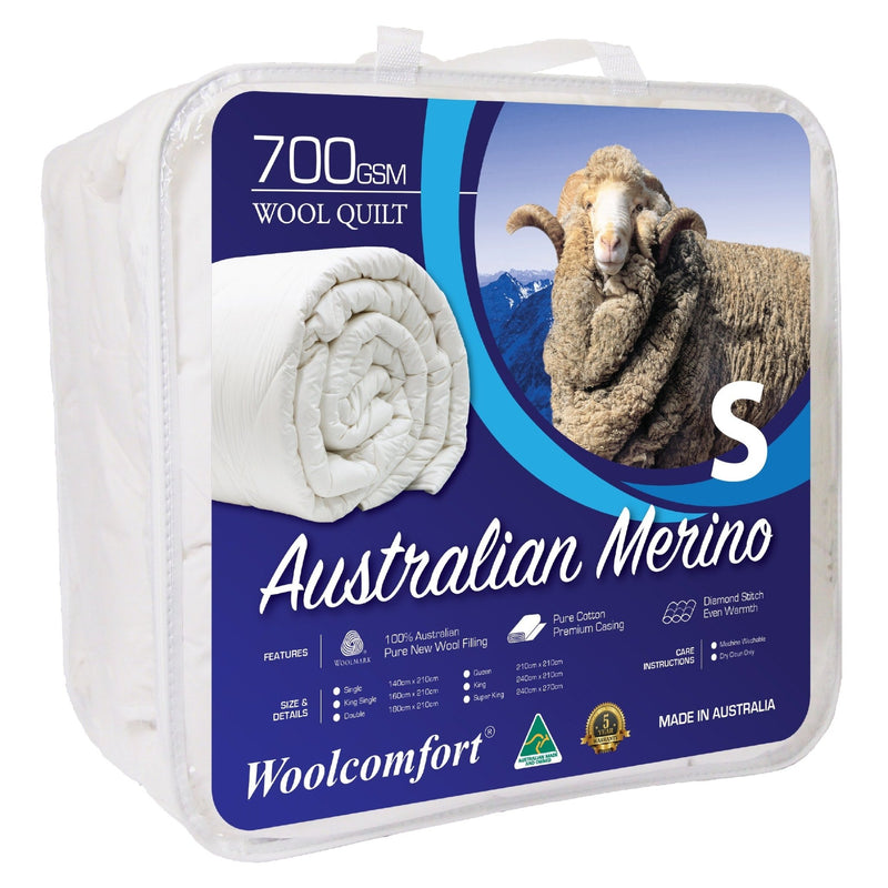 Woolcomfort Aus Made Merino Wool Quilt 700GSM 140x210cm Single Size - Bedzy Australia (ABN 18 642 972 209) - Home & Garden > Bedding