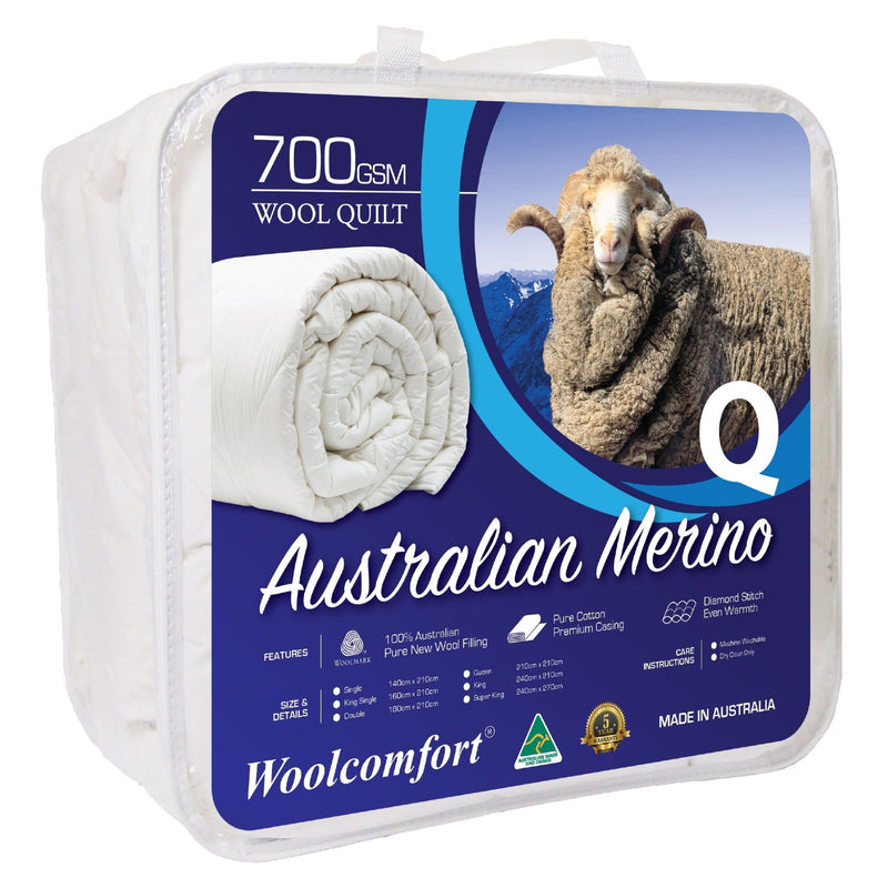 Woolcomfort Aus Made Merino Wool Quilt 700GSM 210x210cm Queen Size - Bedzy Australia (ABN 18 642 972 209) - Home & Garden > Bedding