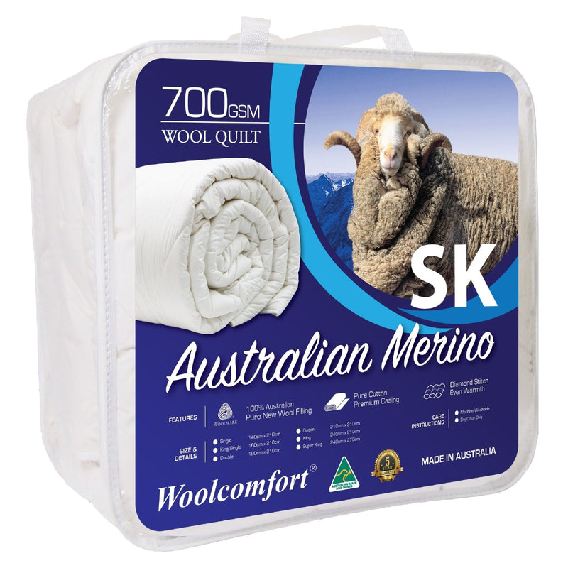 Woolcomfort Aus Made Merino Wool Quilt 700GSM 270x240cm Super King Size - Bedzy Australia (ABN 18 642 972 209) - Home & Garden > Bedding