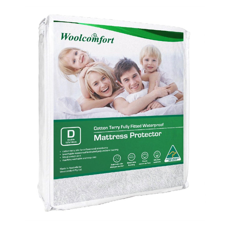 Woolcomfort Cotton Terry Fully Fitted Waterproof Mattress Protector Double Size - Bedzy Australia (ABN 18 642 972 209) - Home & Garden > Bedding