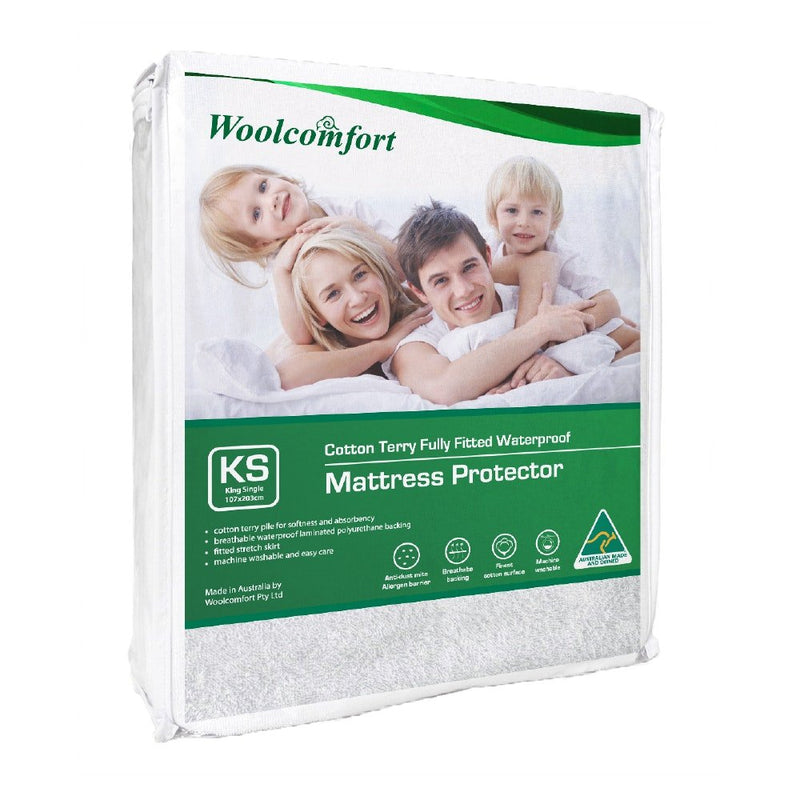 Woolcomfort Cotton Terry Fully Fitted Waterproof Mattress Protector King Single Size - Bedzy Australia (ABN 18 642 972 209) - Home & Garden > Bedding
