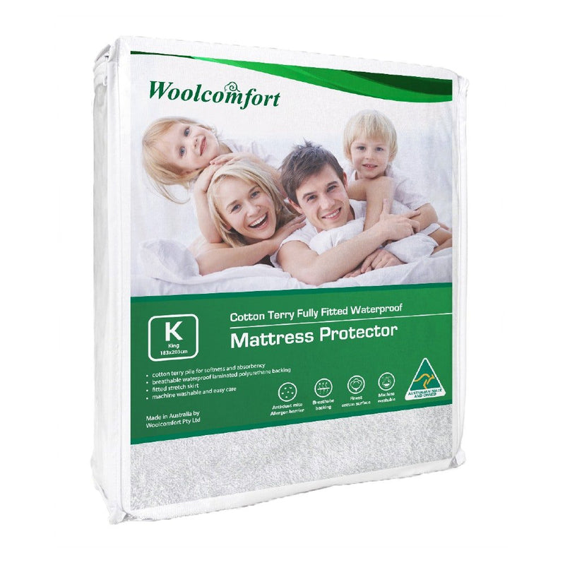 Woolcomfort Cotton Terry Fully Fitted Waterproof Mattress Protector King Size - Bedzy Australia (ABN 18 642 972 209) - Home & Garden > Bedding