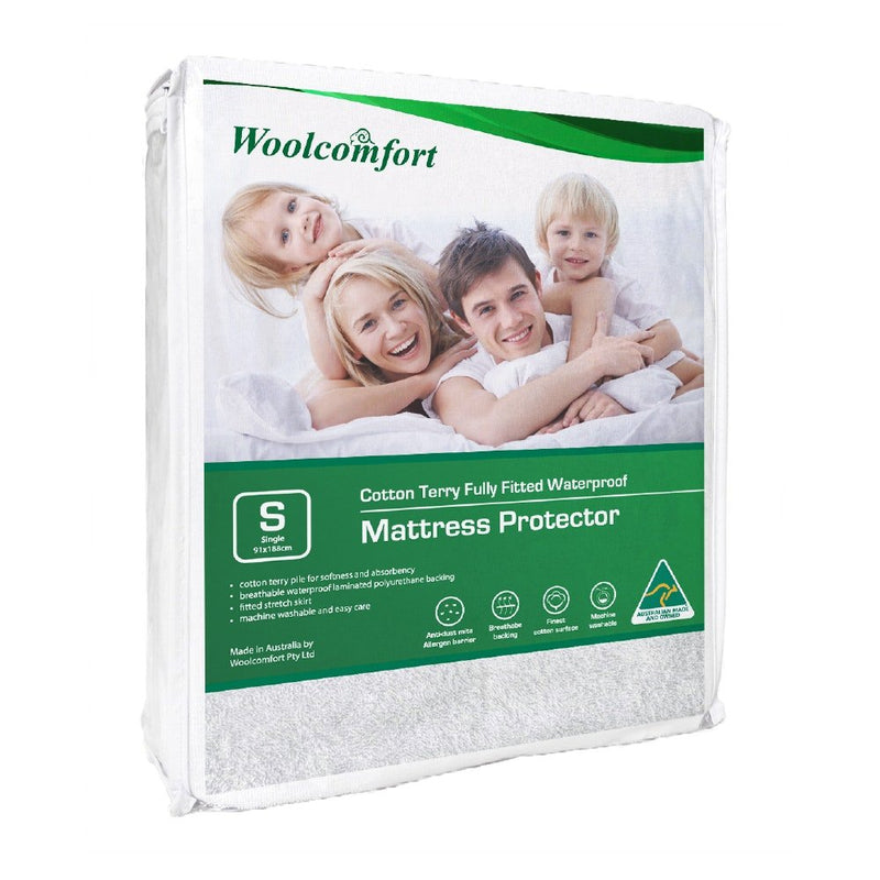 Woolcomfort Cotton Terry Fully Fitted Waterproof Mattress Protector Single Size - Bedzy Australia (ABN 18 642 972 209) - Home & Garden > Bedding